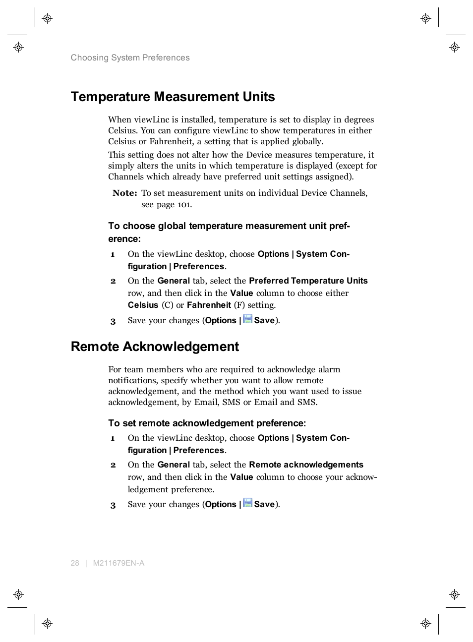 Temperature measurement units, Remote acknowledgement | Vaisala viewLinc 4.3 User Manual | Page 36 / 206