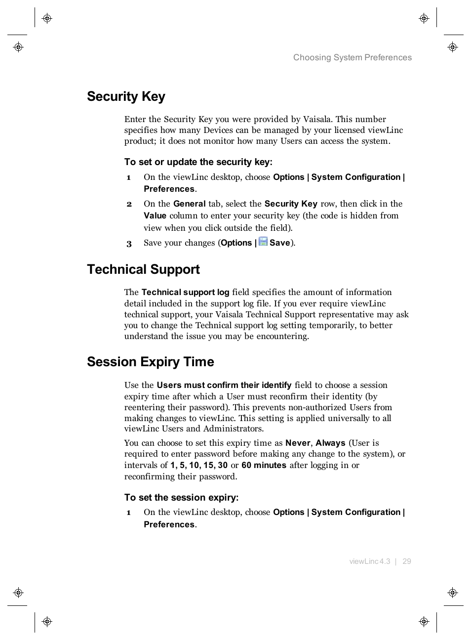 Security key, Technical support, Session expiry time | Vaisala viewLinc 4.3 User Manual | Page 37 / 206