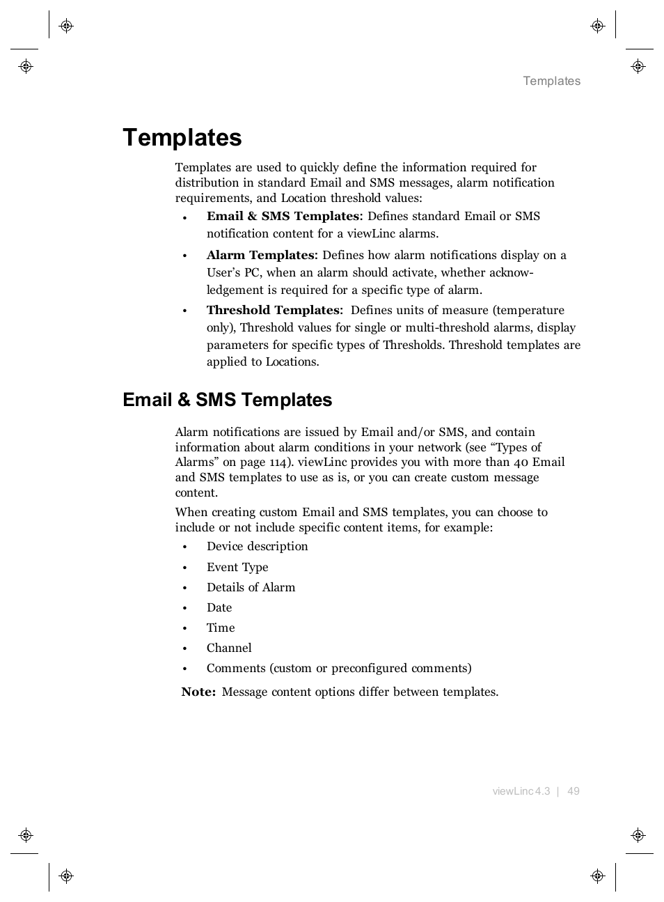 Templates, Email & sms templates, Contents of the message | Vaisala viewLinc 4.3 User Manual | Page 57 / 206