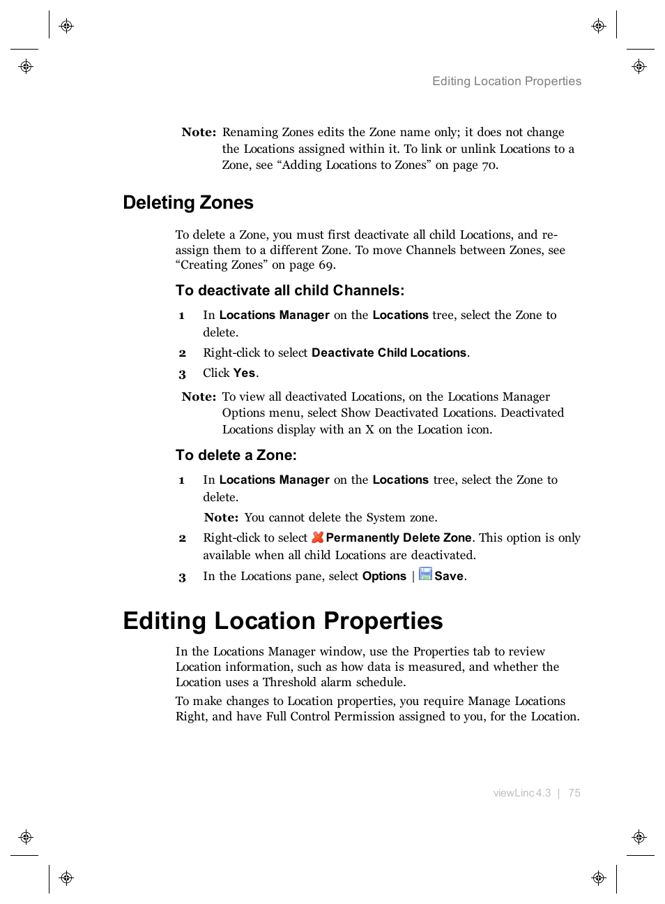 Deleting zones, Editing location properties | Vaisala viewLinc 4.3 User Manual | Page 83 / 206