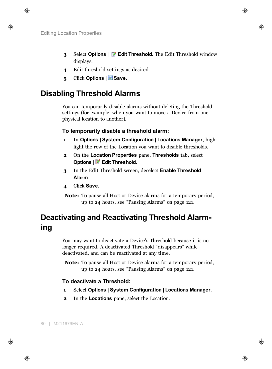 Disabling threshold alarms, Deactivating and reactivating threshold alarming, Deactivating and reactivating threshold alarm- ing | Vaisala viewLinc 4.3 User Manual | Page 88 / 206
