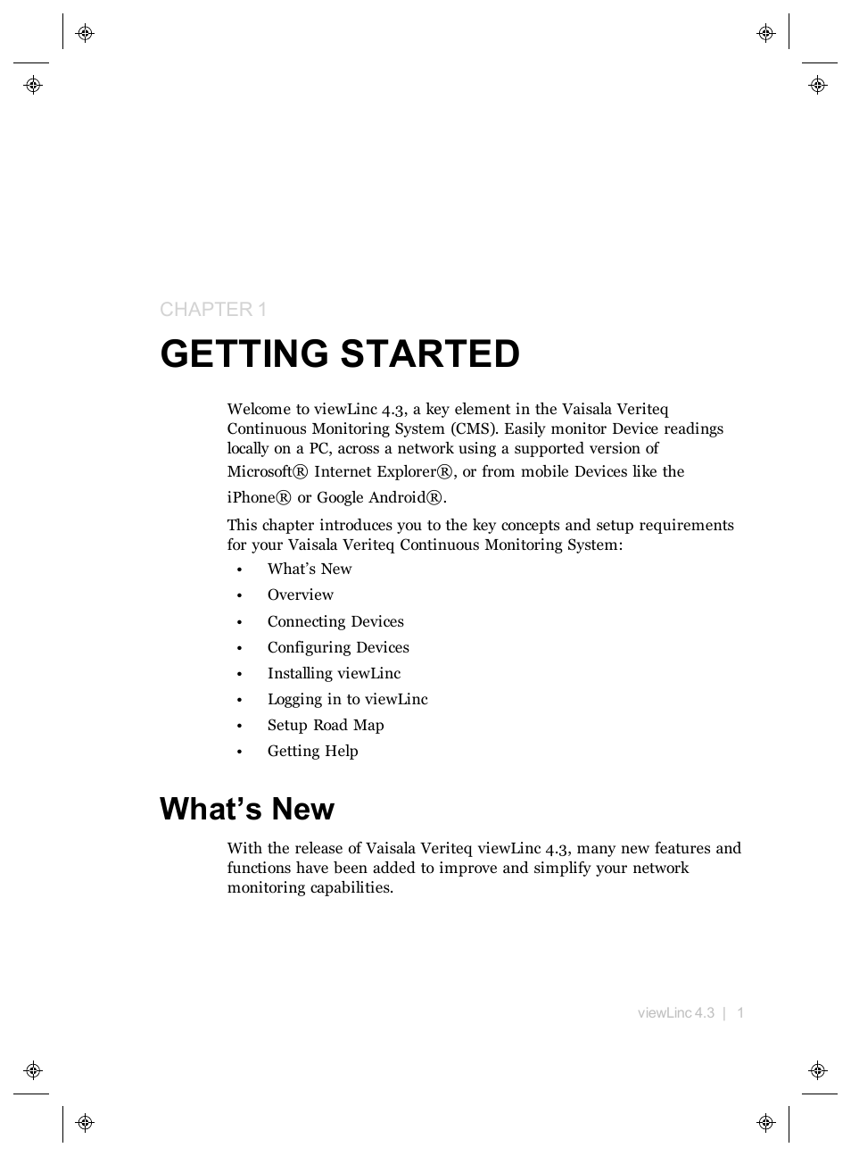 Getting started, What’s new, Chapter 1 | Getting, Started | Vaisala viewLinc 4.3 User Manual | Page 9 / 206