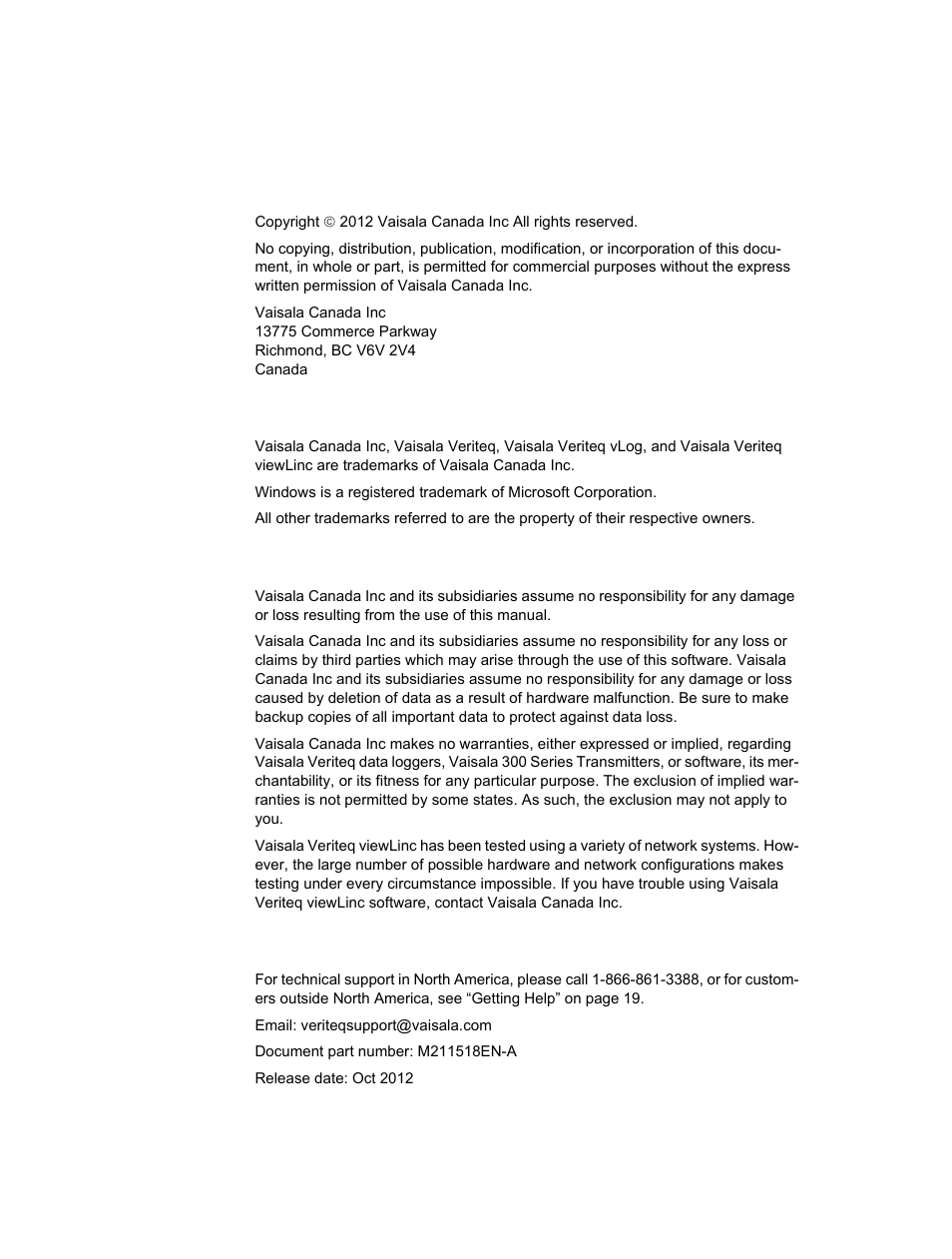 Copyright, Trademarks, Disclaimer and limitation of liability | Technical support | Vaisala viewLinc-4.1-M211518 User Manual | Page 2 / 175