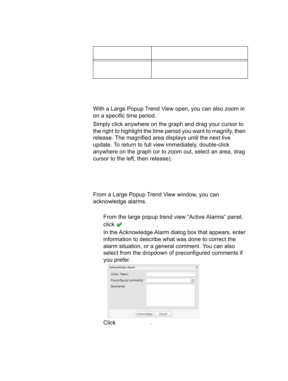Viewing graph detail in large popup trend view, Acknowledging alarms from large popup trend view | Vaisala viewLinc-4.1-M211518 User Manual | Page 90 / 175