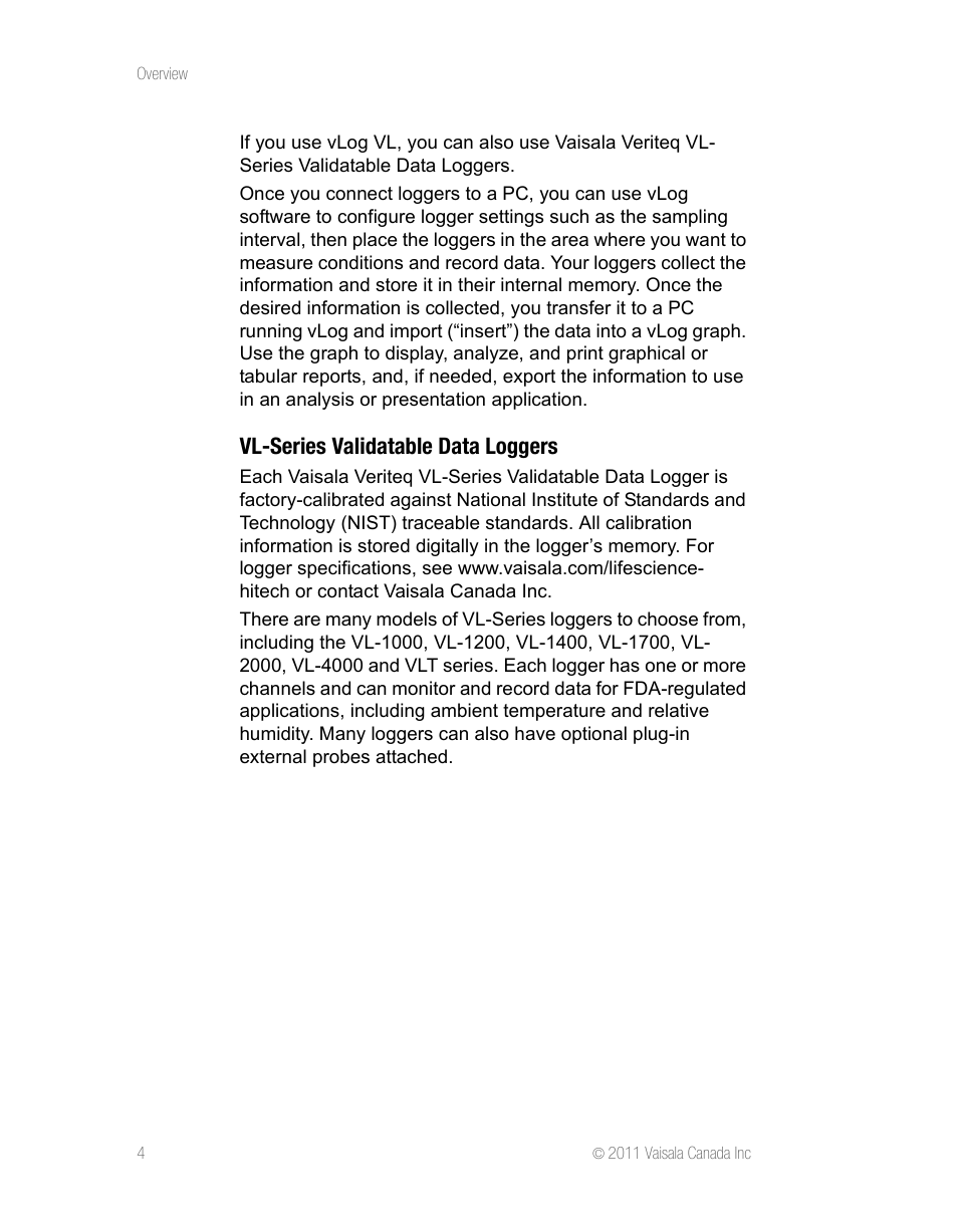 Vl-series validatable data loggers | Vaisala vLog 4.5 User Manual | Page 10 / 128