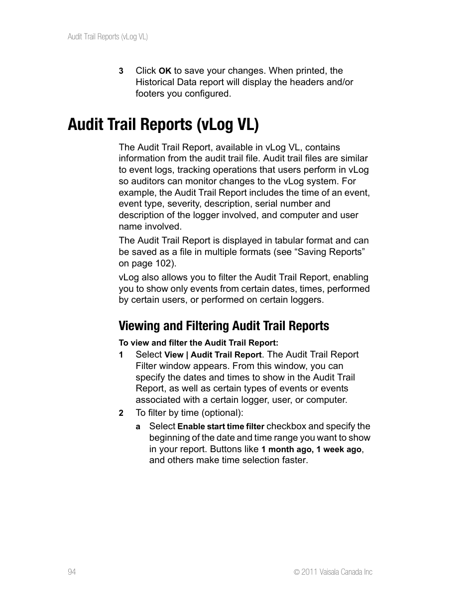 Audit trail reports (vlog vl), Viewing and filtering audit trail reports | Vaisala vLog 4.5 User Manual | Page 100 / 128