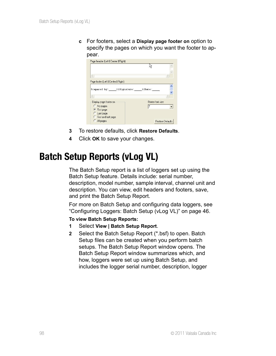 Batch setup reports (vlog vl) | Vaisala vLog 4.5 User Manual | Page 104 / 128