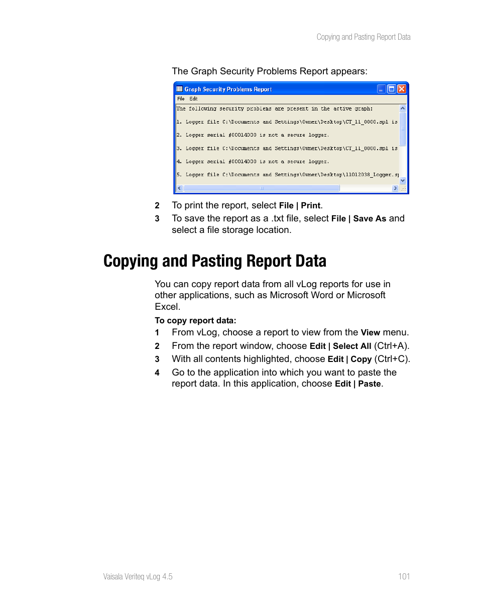 Copying and pasting report data | Vaisala vLog 4.5 User Manual | Page 107 / 128