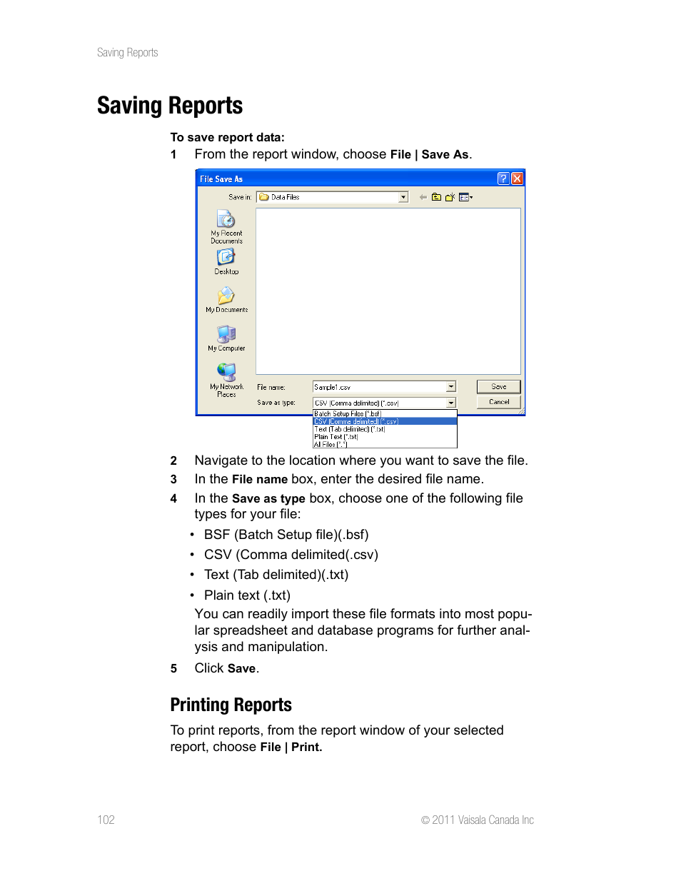 Saving reports, Printing reports | Vaisala vLog 4.5 User Manual | Page 108 / 128