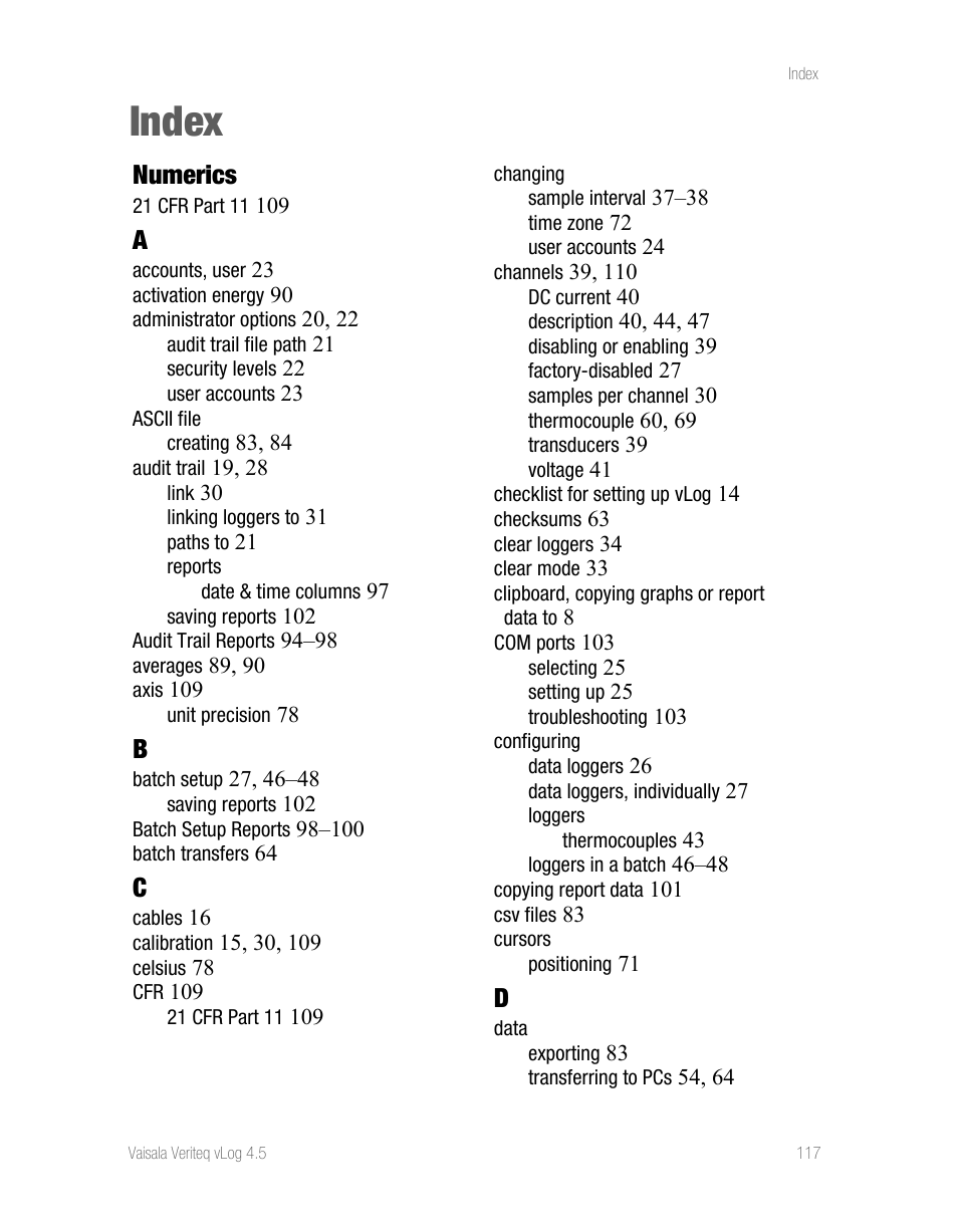 Numerics, Index | Vaisala vLog 4.5 User Manual | Page 123 / 128