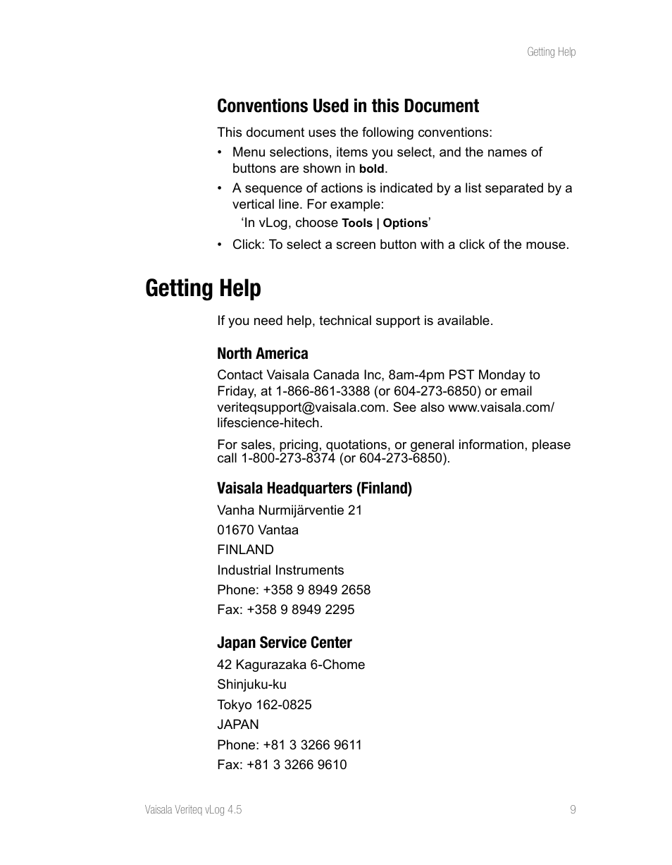 Conventions used in this document, Getting help, North america | Vaisala headquarters (finland), Japan service center | Vaisala vLog 4.5 User Manual | Page 15 / 128