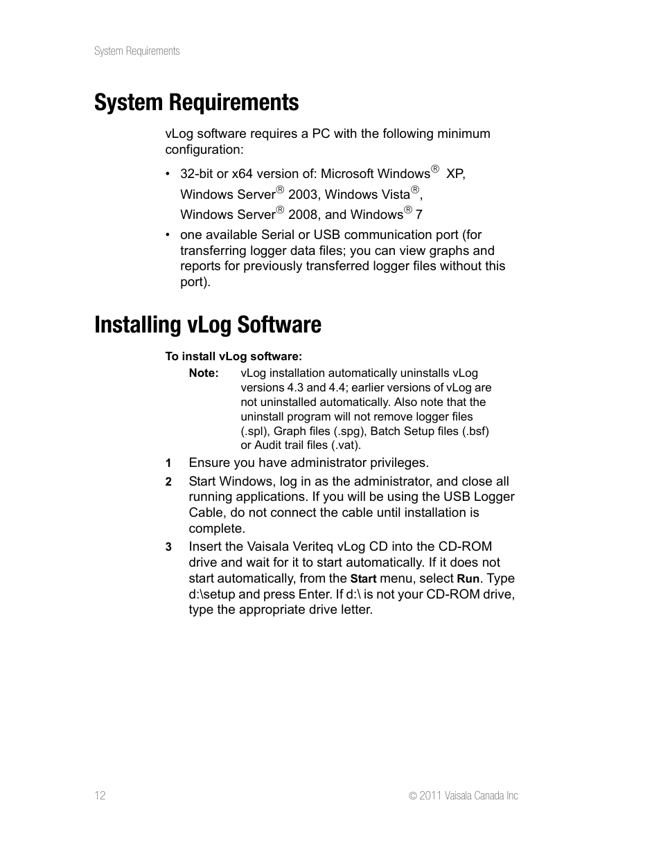 System requirements, Installing vlog software, System requirements installing vlog software | Vaisala vLog 4.5 User Manual | Page 18 / 128