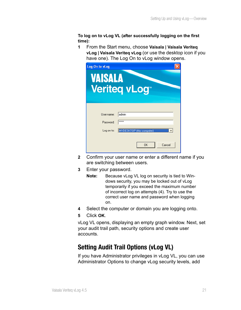 Setting audit trail options (vlog vl) | Vaisala vLog 4.5 User Manual | Page 27 / 128