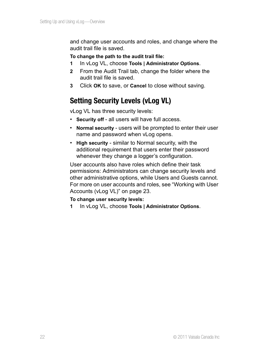 Setting security levels (vlog vl) | Vaisala vLog 4.5 User Manual | Page 28 / 128