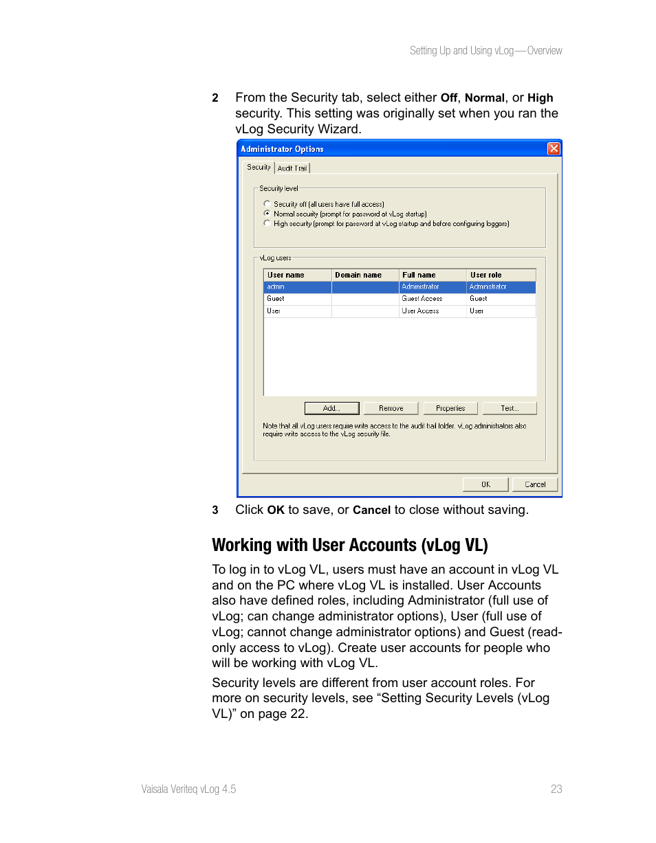 Working with user accounts (vlog vl) | Vaisala vLog 4.5 User Manual | Page 29 / 128