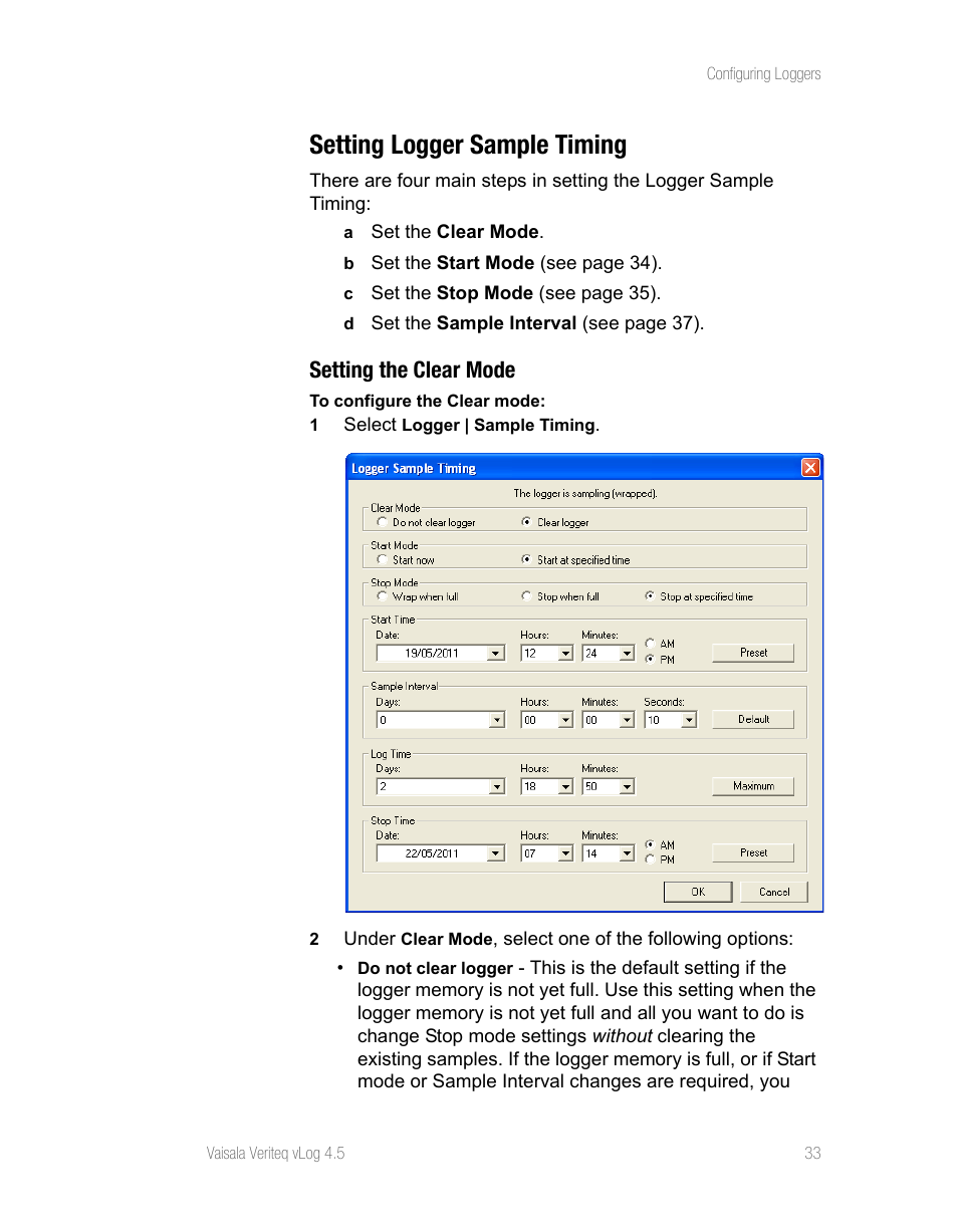 Setting logger sample timing, Setting the clear mode | Vaisala vLog 4.5 User Manual | Page 39 / 128