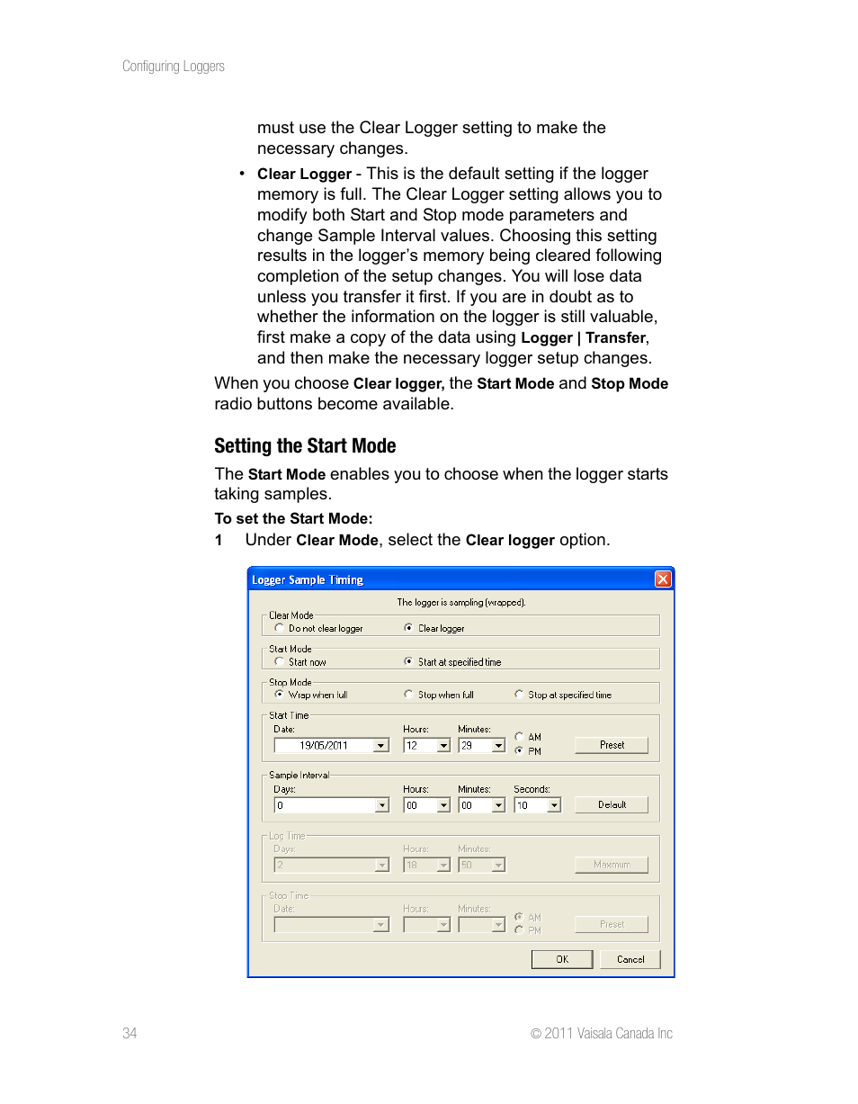 Setting the start mode | Vaisala vLog 4.5 User Manual | Page 40 / 128