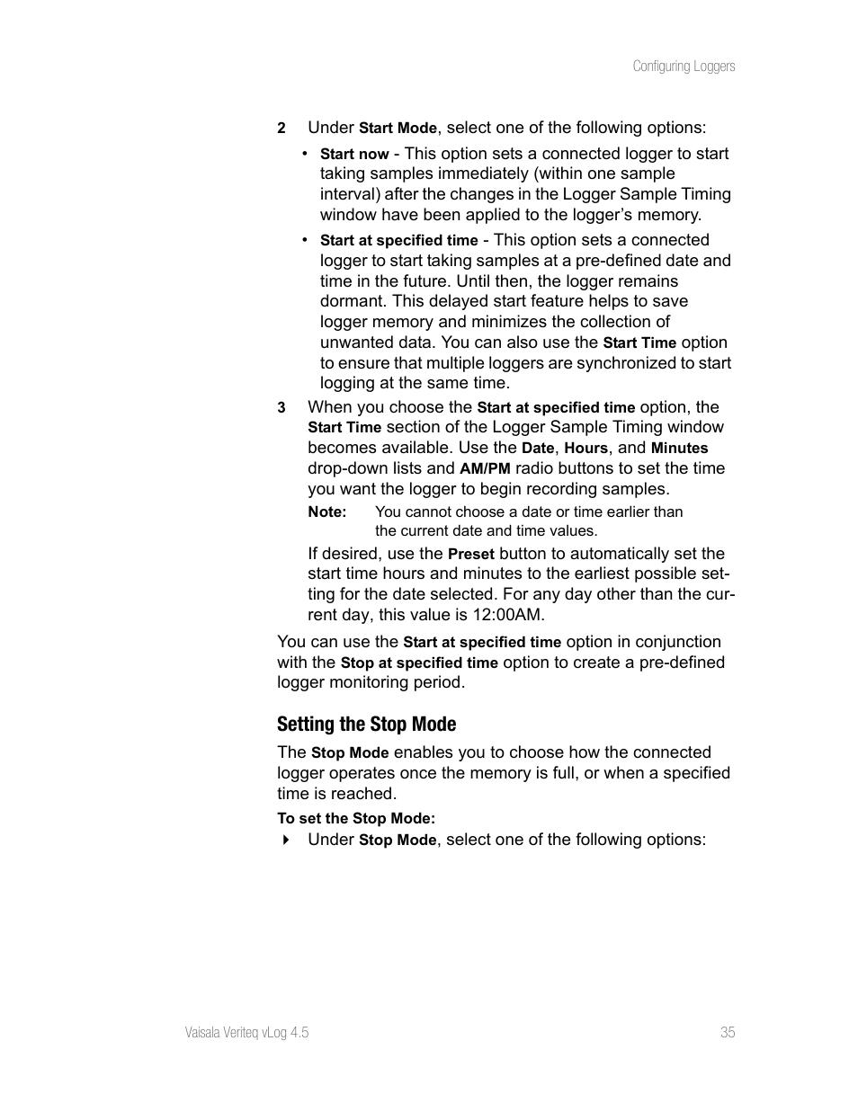 Setting the stop mode | Vaisala vLog 4.5 User Manual | Page 41 / 128
