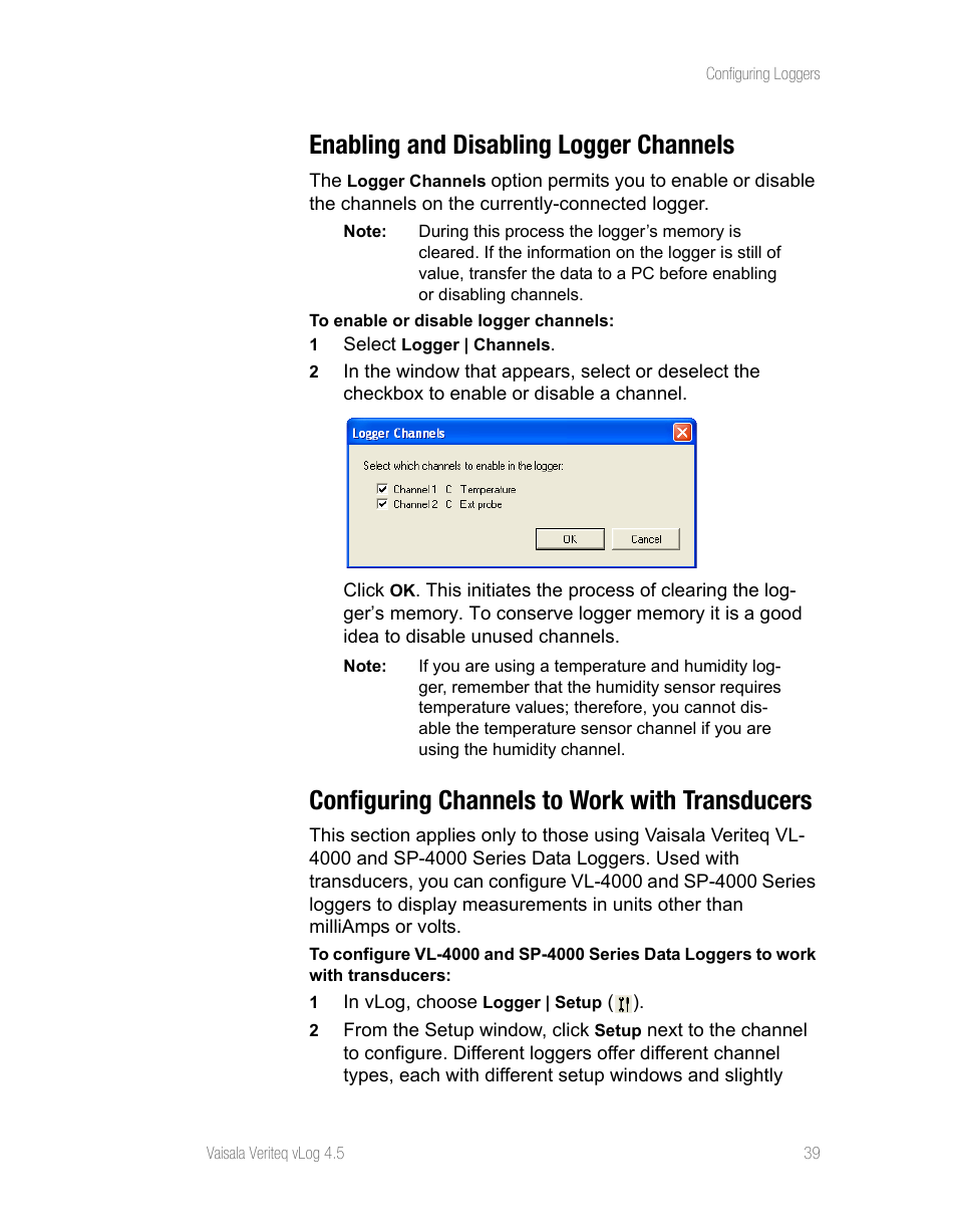 Enabling and disabling logger channels, Configuring channels to work with transducers | Vaisala vLog 4.5 User Manual | Page 45 / 128