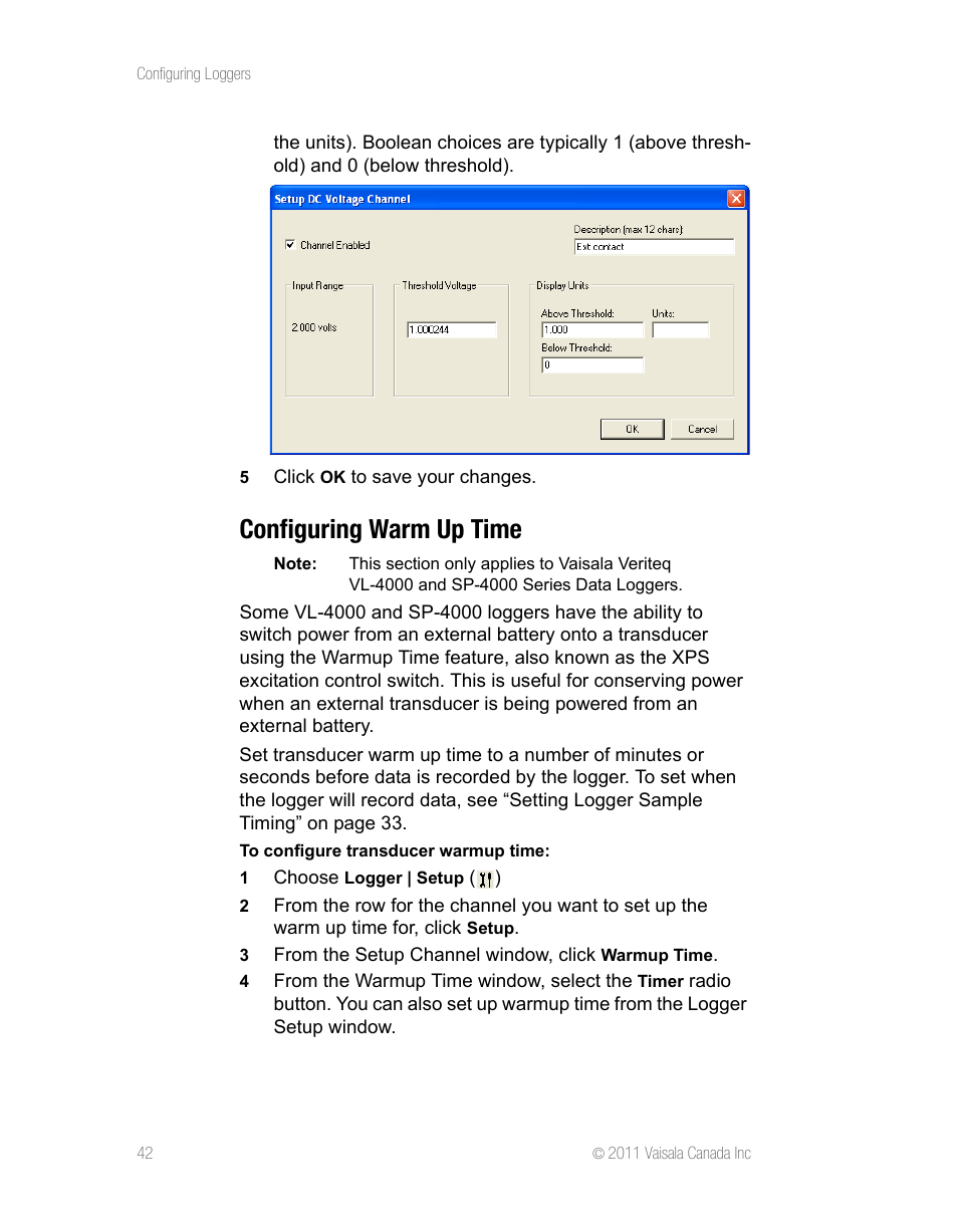 Configuring warm up time | Vaisala vLog 4.5 User Manual | Page 48 / 128