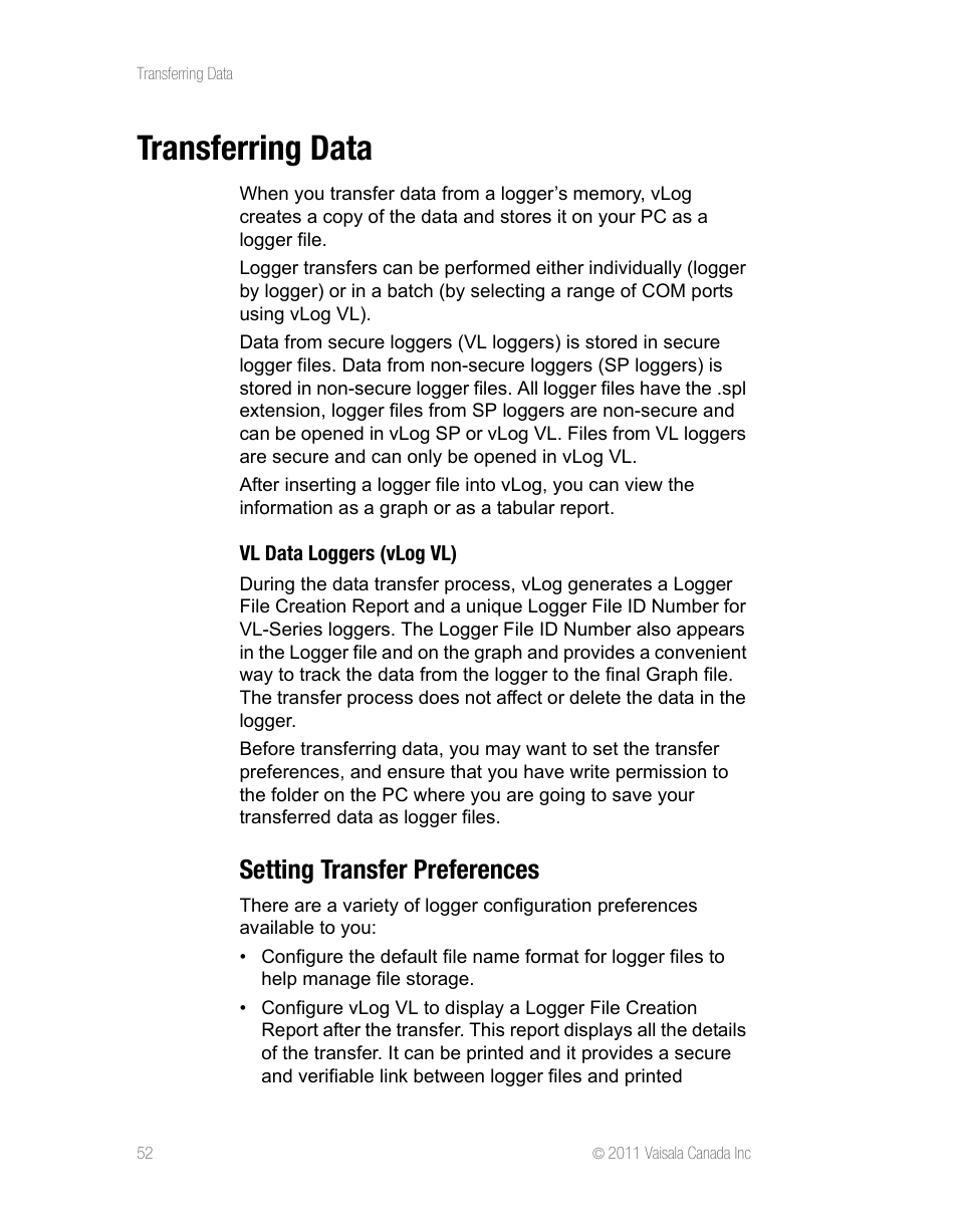 Transferring data, Vl data loggers (vlog vl), Setting transfer preferences | Vaisala vLog 4.5 User Manual | Page 58 / 128