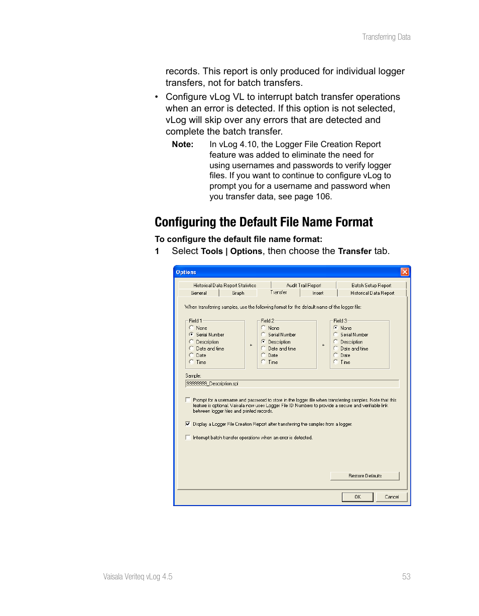 Configuring the default file name format | Vaisala vLog 4.5 User Manual | Page 59 / 128