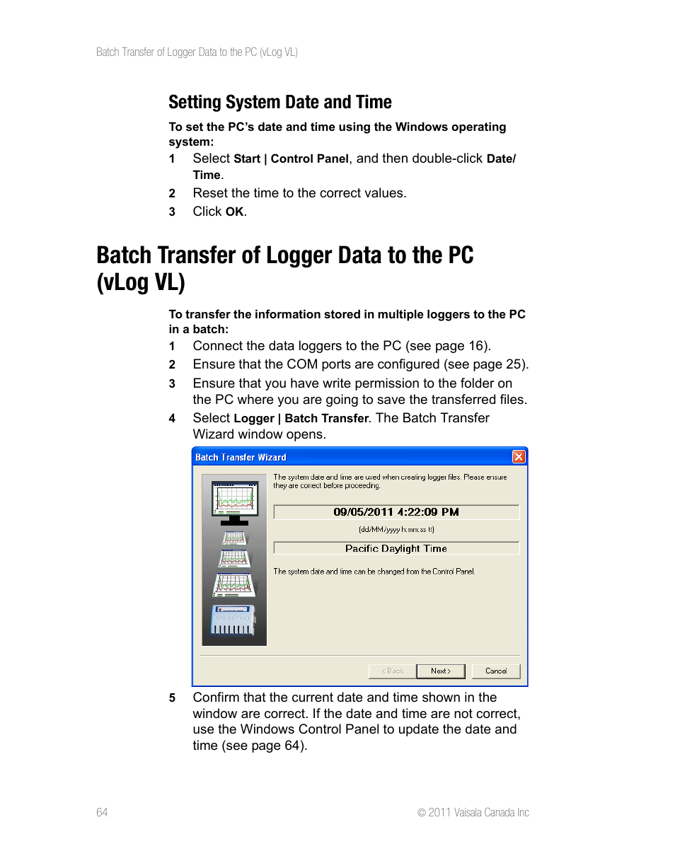 Setting system date and time, Batch transfer of logger data to the pc (vlog vl) | Vaisala vLog 4.5 User Manual | Page 70 / 128