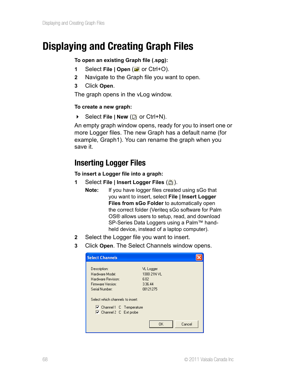 Displaying and creating graph files, Inserting logger files | Vaisala vLog 4.5 User Manual | Page 74 / 128