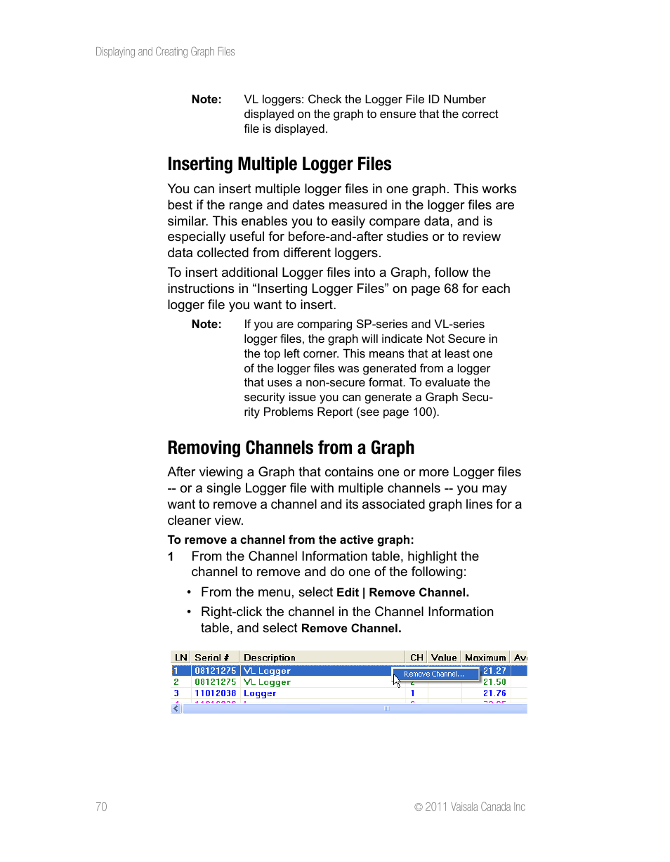 Inserting multiple logger files, Removing channels from a graph | Vaisala vLog 4.5 User Manual | Page 76 / 128