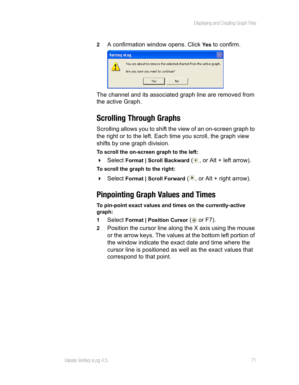 Scrolling through graphs, Pinpointing graph values and times | Vaisala vLog 4.5 User Manual | Page 77 / 128