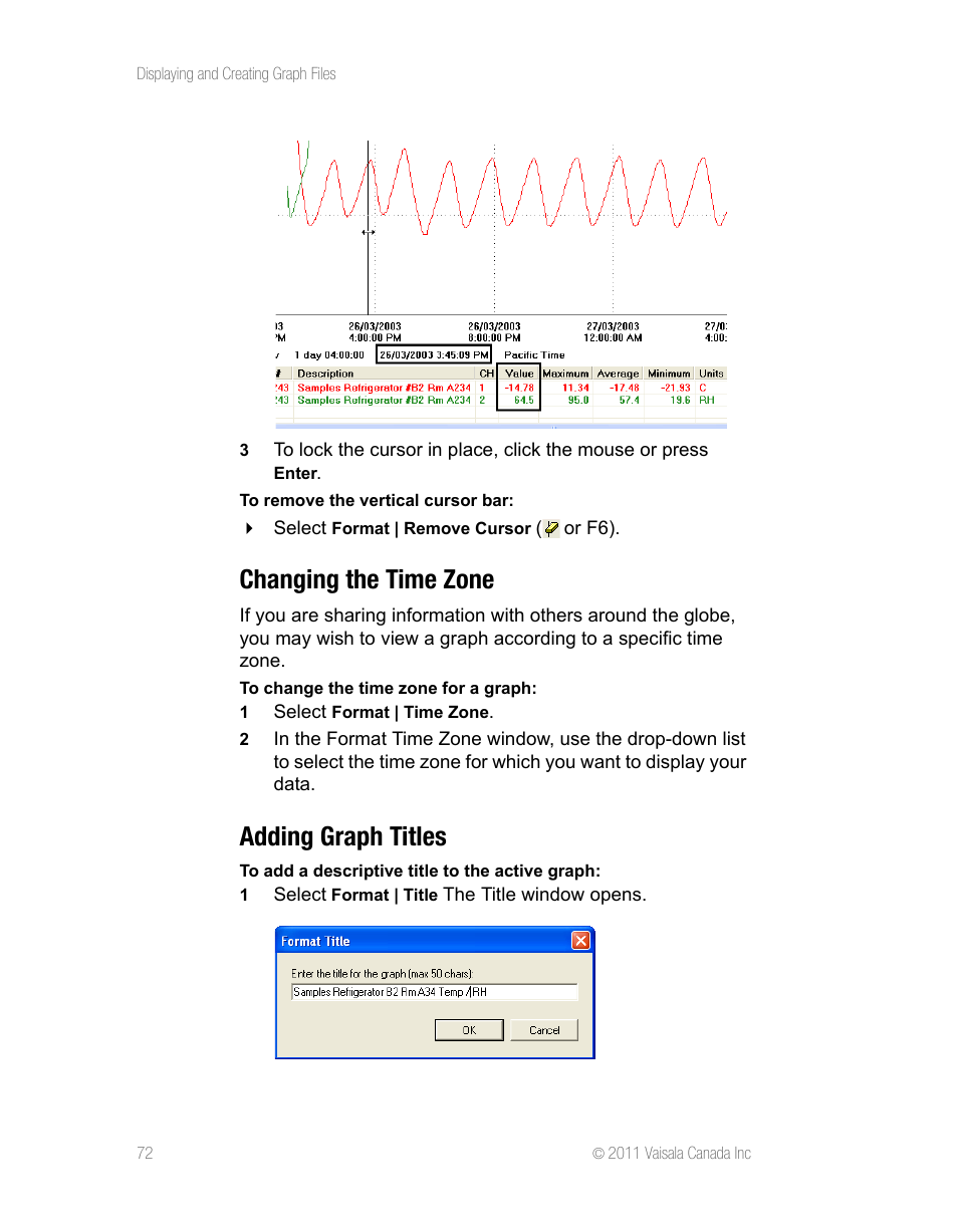 Changing the time zone, Adding graph titles, Changing the time zone adding graph titles | Vaisala vLog 4.5 User Manual | Page 78 / 128