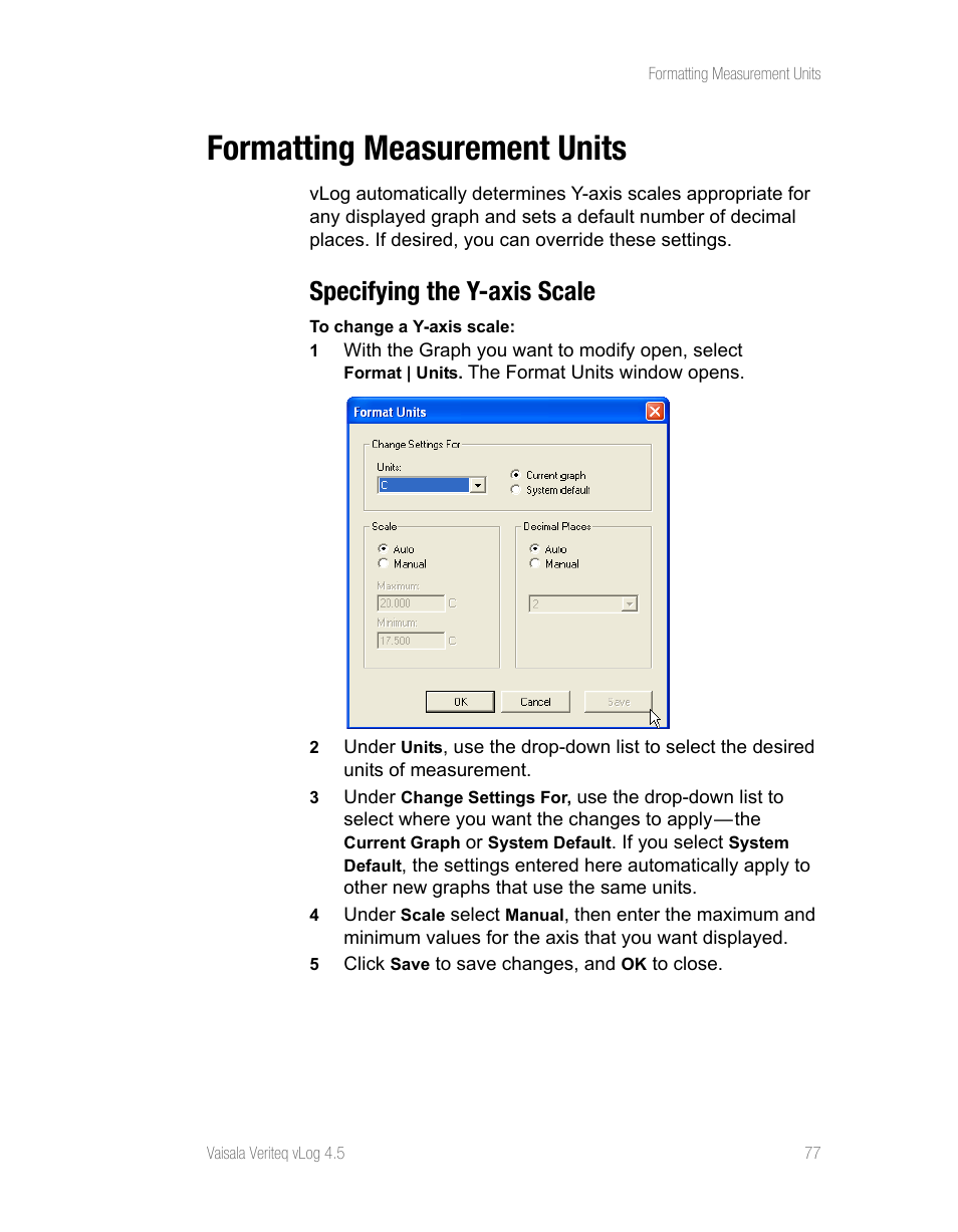 Formatting measurement units, Specifying the y-axis scale | Vaisala vLog 4.5 User Manual | Page 83 / 128