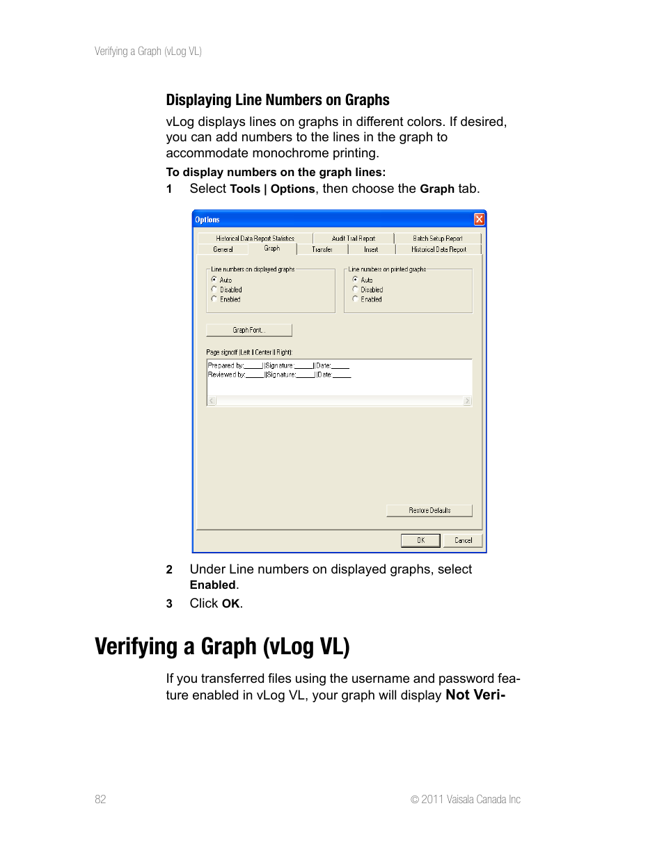 Displaying line numbers on graphs, Verifying a graph (vlog vl) | Vaisala vLog 4.5 User Manual | Page 88 / 128