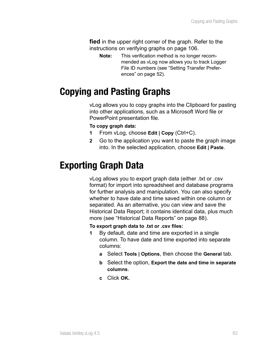 Copying and pasting graphs, Exporting graph data, Copying and pasting graphs exporting graph data | Vaisala vLog 4.5 User Manual | Page 89 / 128