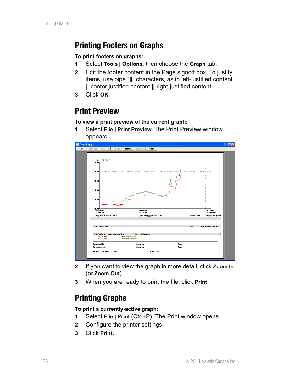 Printing footers on graphs, Print preview, Printing graphs | Vaisala vLog 4.5 User Manual | Page 92 / 128