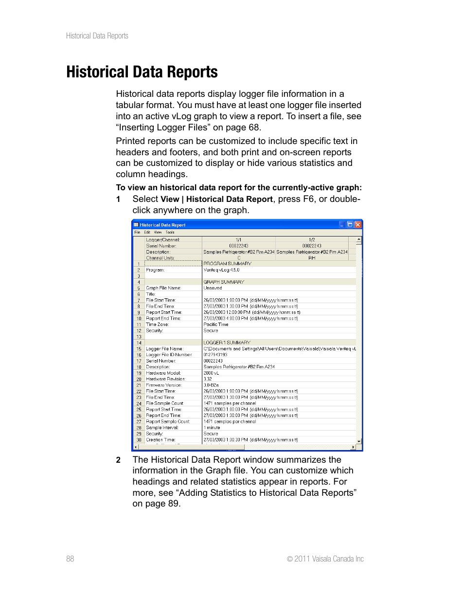 Historical data reports | Vaisala vLog 4.5 User Manual | Page 94 / 128