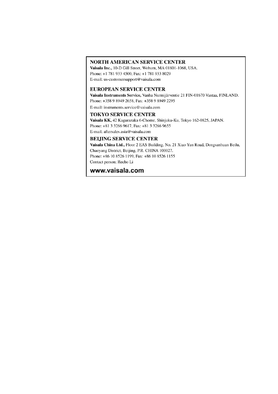 Vaisala service centers | Vaisala WS425 User Manual | Page 77 / 86