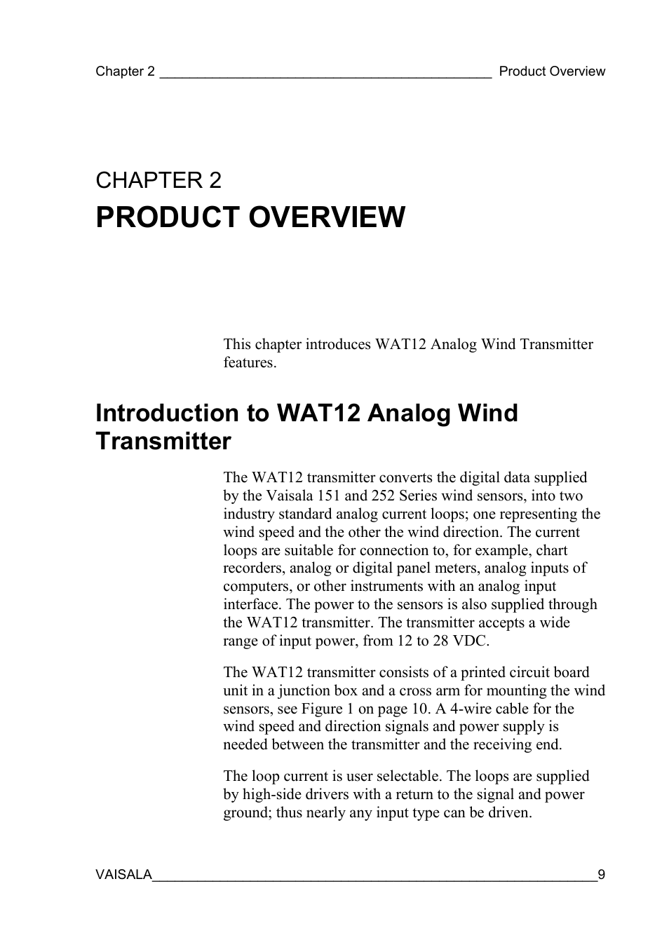 Product overview, Introduction to wat12 analog wind transmitter, Transmitter | Wind transmitter features, Chapter 2 | Vaisala WAT12 User Manual | Page 11 / 42