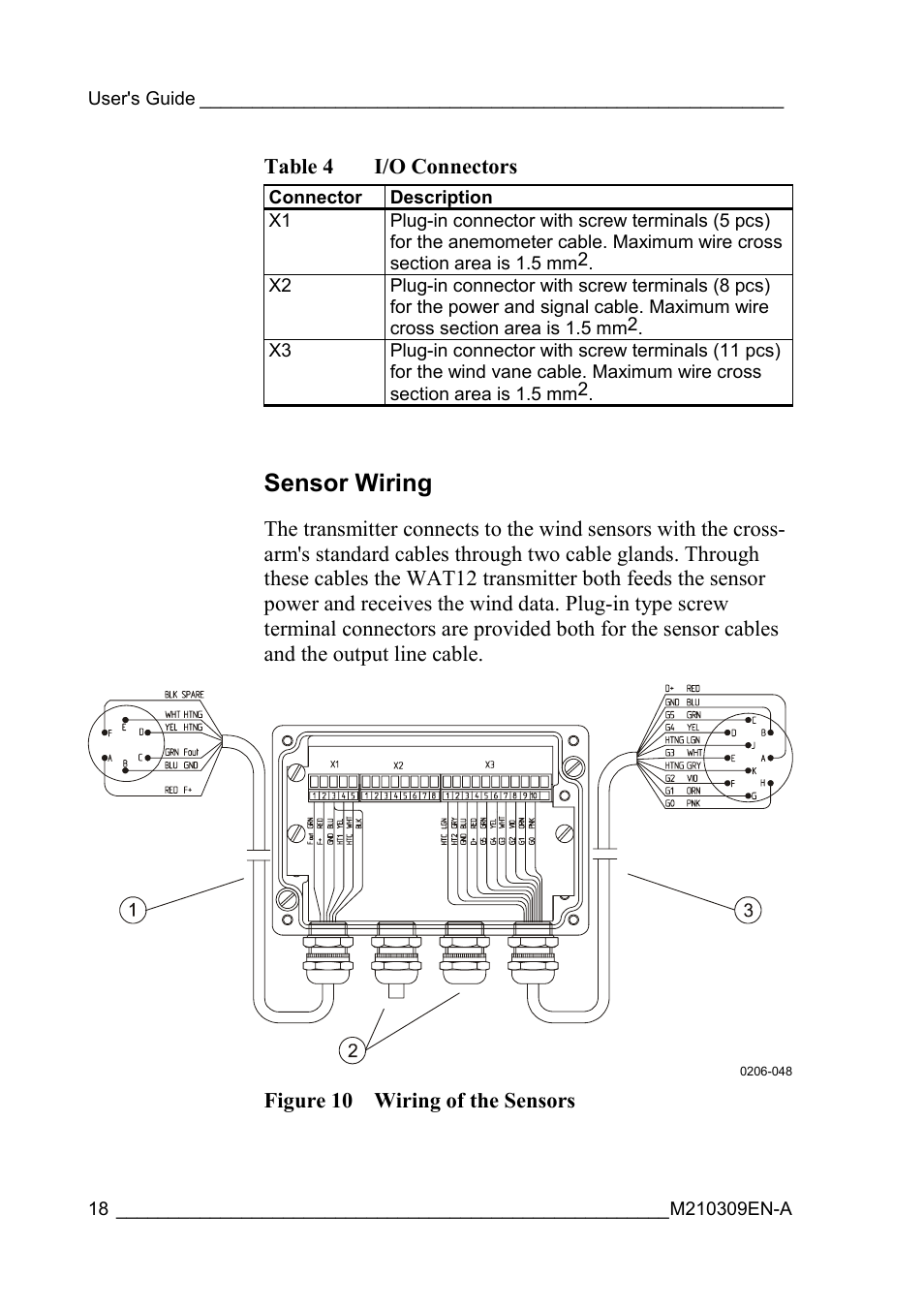 Sensor wiring, Figure 10 wiring of the sensors, Table 4 | I/o connectors | Vaisala WAT12 User Manual | Page 20 / 42