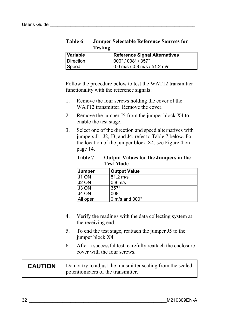 For testing, Table 7, Output values for the jumpers in the test mode | Caution | Vaisala WAT12 User Manual | Page 34 / 42