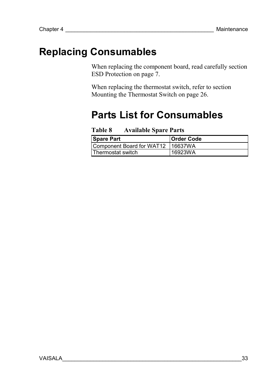 Replacing consumables, Parts list for consumables, Table 8 | Available spare parts | Vaisala WAT12 User Manual | Page 35 / 42