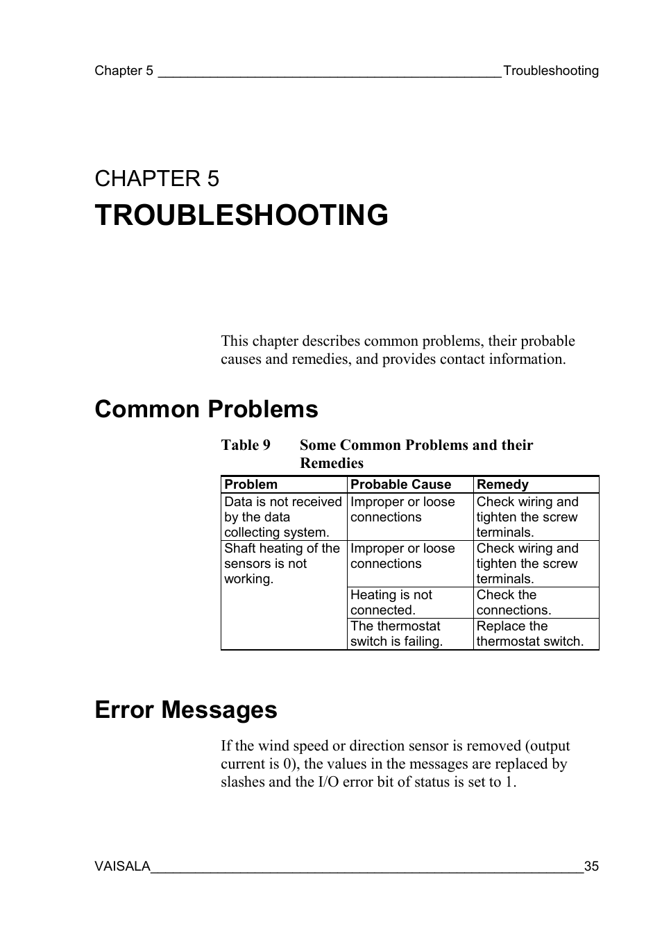 Troubleshooting, Common problems, Error messages | Common problems error messages, Table 9, Some common problems and their remedies, Chapter 5 | Vaisala WAT12 User Manual | Page 37 / 42