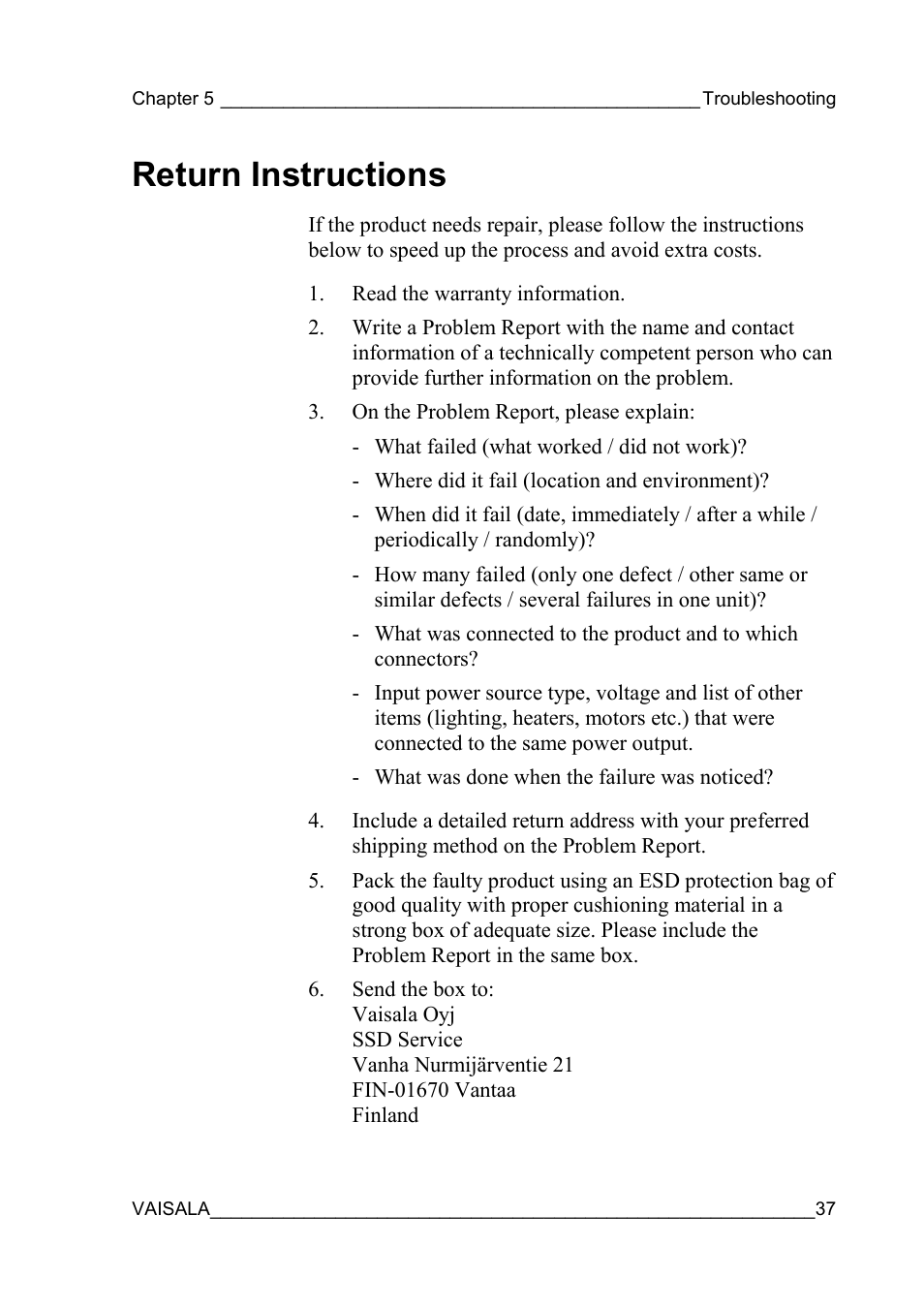 Return instructions | Vaisala WAT12 User Manual | Page 39 / 42