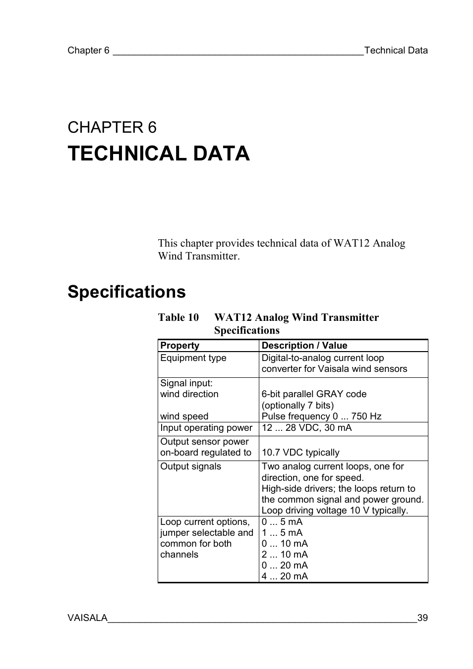 Technical data, Specifications, Wat12 analog wind transmitter | Chapter 6 | Vaisala WAT12 User Manual | Page 41 / 42