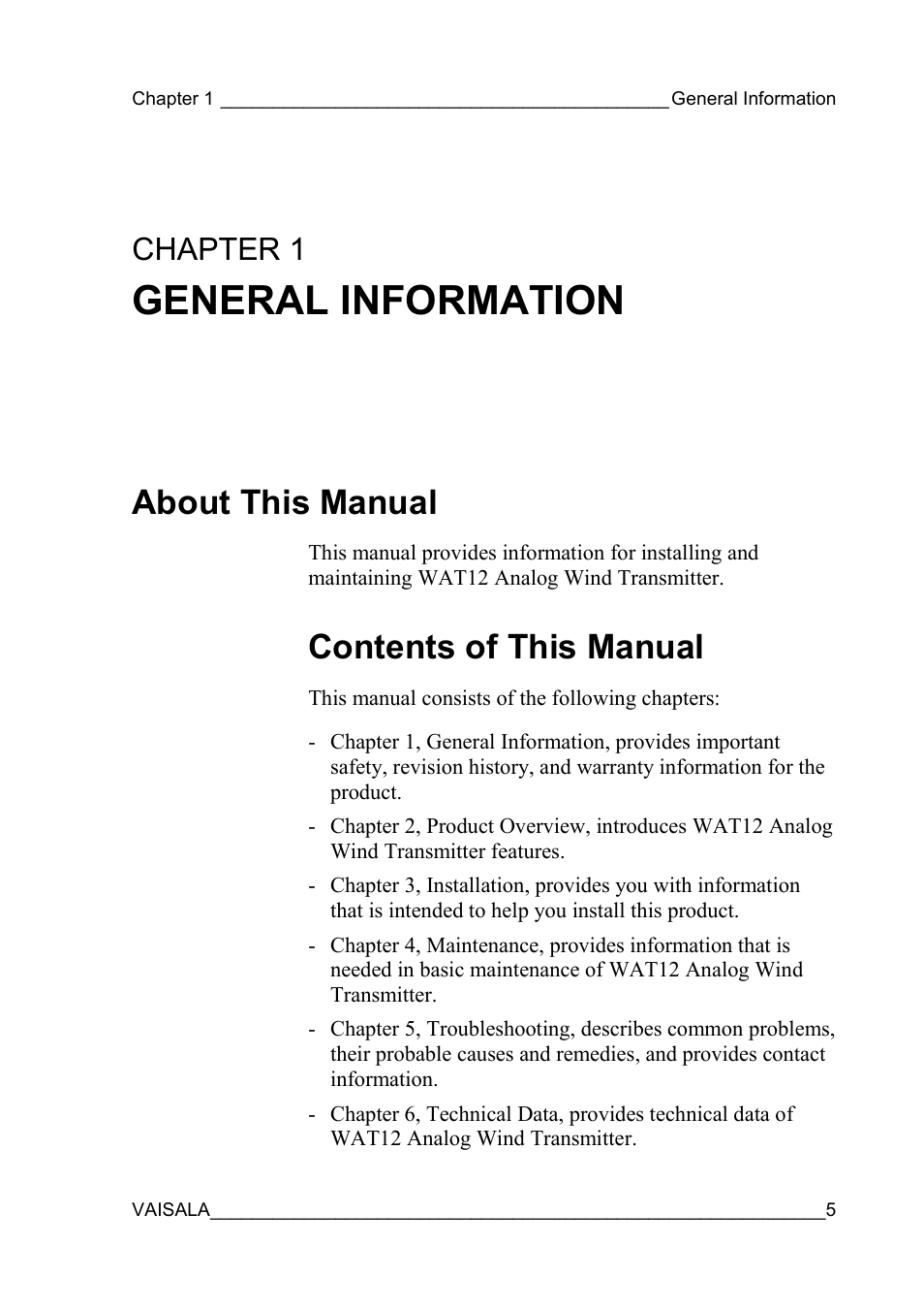 General information, About this manual, Contents of this manual | Chapter 1 | Vaisala WAT12 User Manual | Page 7 / 42