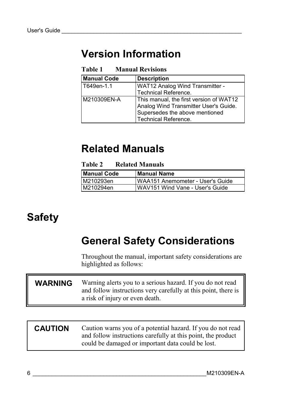 Version information, Related manuals, Safety | General safety considerations, Version information related manuals, Table 1, Manual revisions, Table 2, Safety general safety considerations | Vaisala WAT12 User Manual | Page 8 / 42
