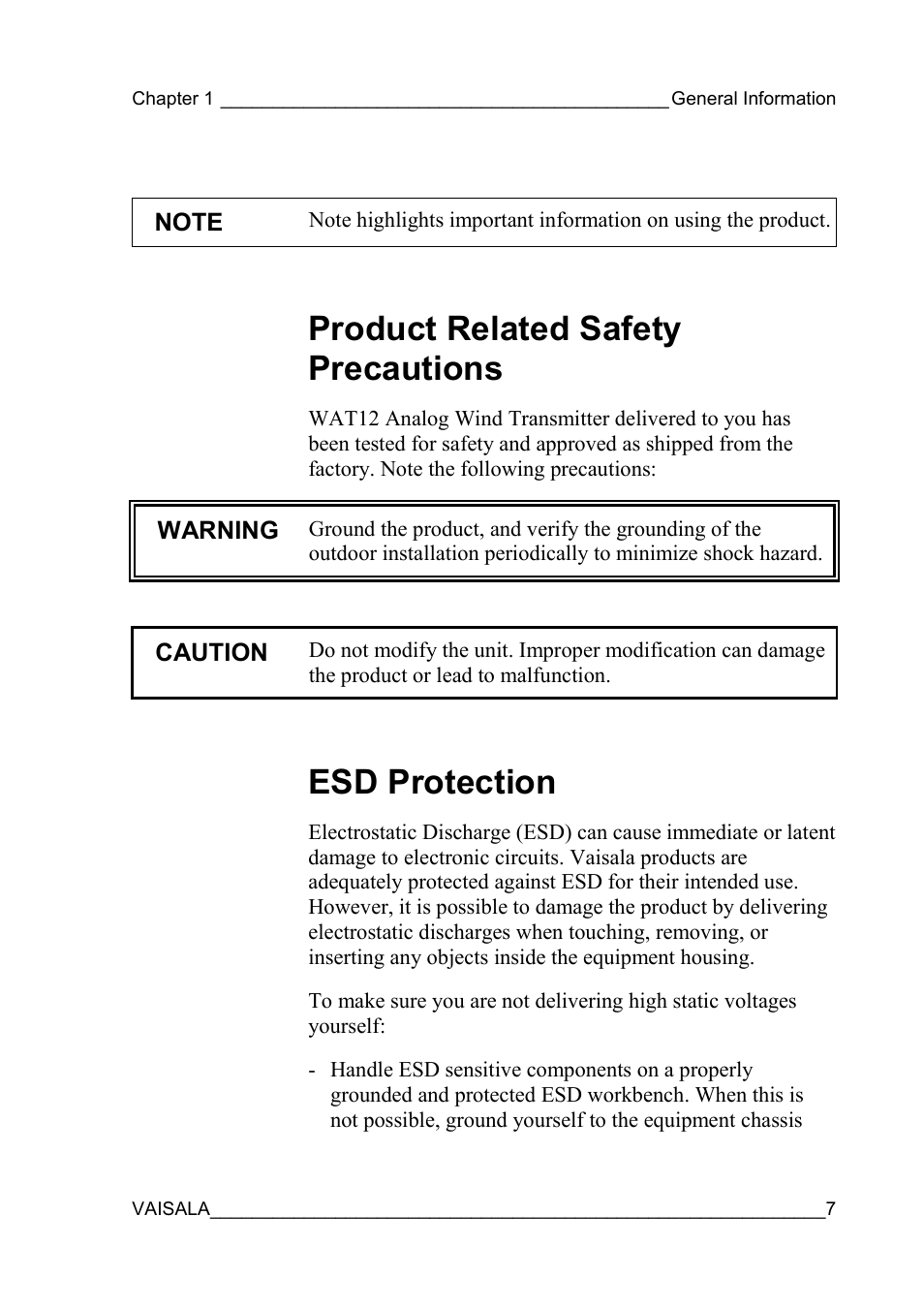 Product related safety precautions, Esd protection, Product related safety precautions esd protection | Vaisala WAT12 User Manual | Page 9 / 42