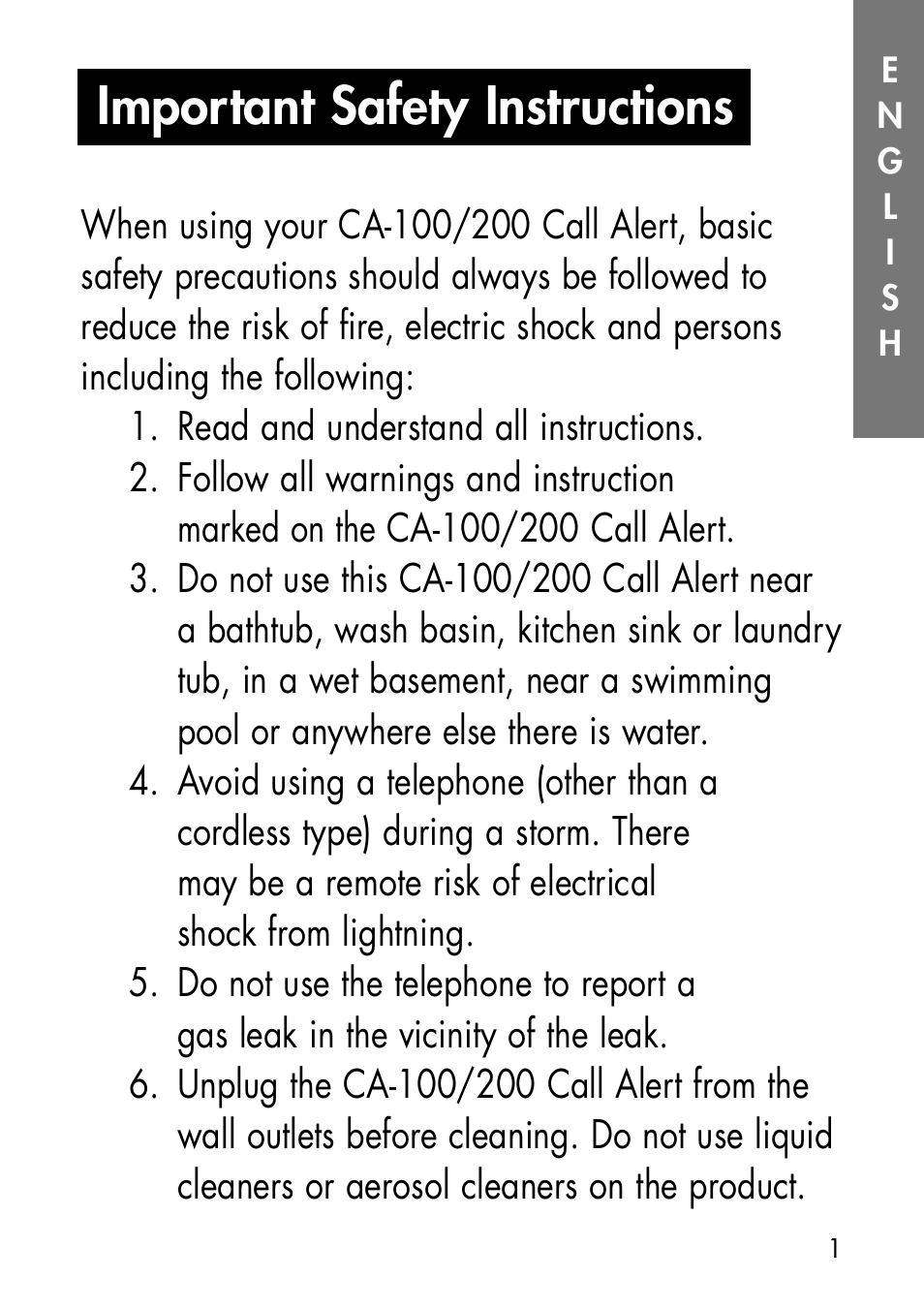 Important safety instructions | Ameriphone CALL ALERT CA-100 User Manual | Page 4 / 30