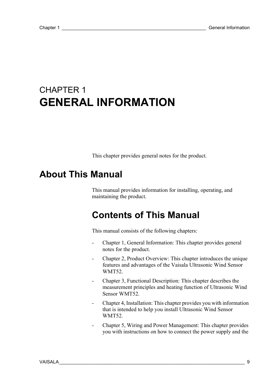 Chapter 1 general information, About this manual, Contents of this manual | Chapter 1, General information | Vaisala WMT52 User Manual | Page 11 / 143