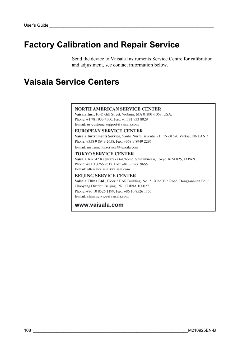Factory calibration and repair service, Vaisala service centers | Vaisala WMT52 User Manual | Page 110 / 143